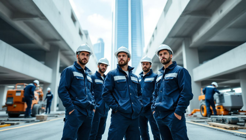 Group of construction workers in blue uniforms and helmets stand in an under-construction urban area with high-rise buildings in the background.
