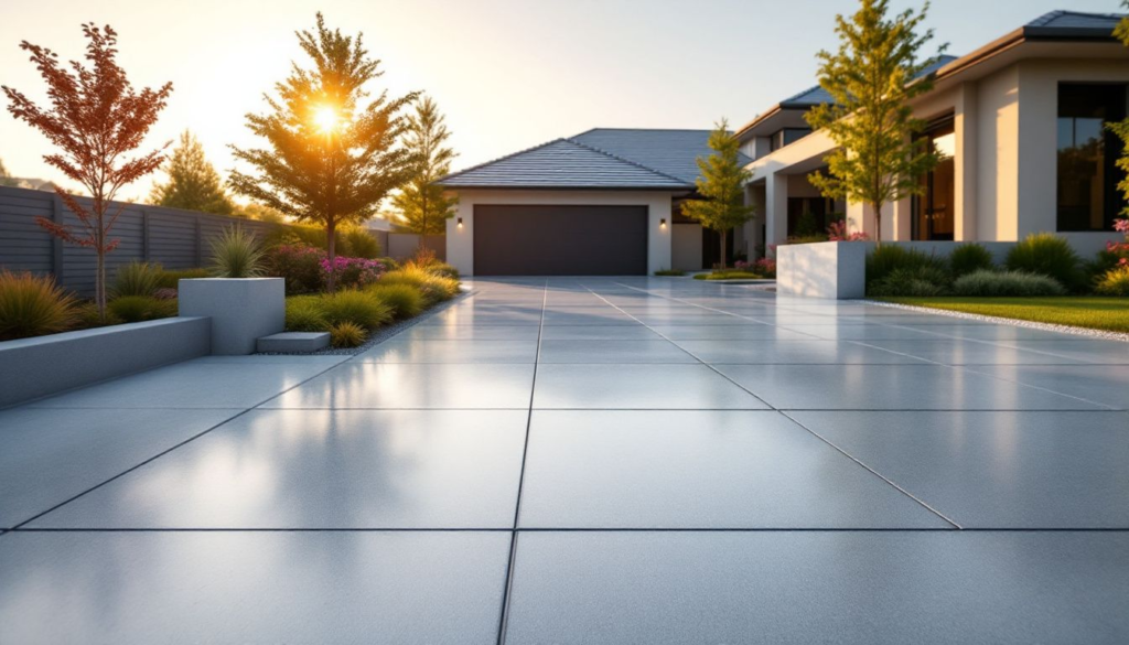 Modern home with a large tiled driveway, landscaped with trees and plants. Sunlight creates reflections on the tiles.