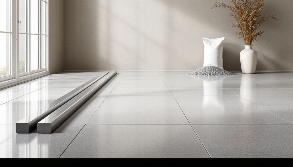 A minimalist room with large tiles, two metal beams on the floor, a vase with dried plants, and a pillow next to a pile of small gray stones by the window.