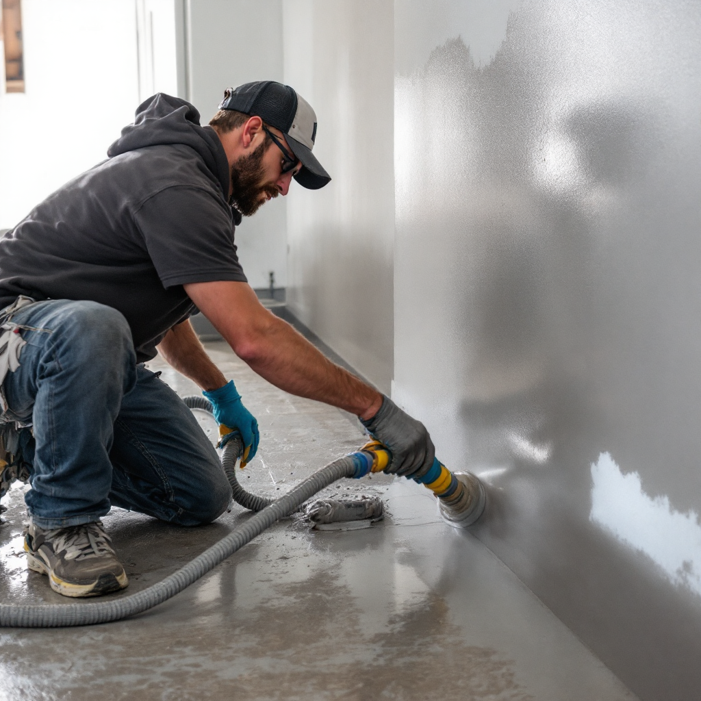 A person wearing a cap and gloves is using a power tool on a gray wall, kneeling on the floor.