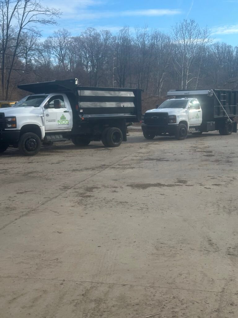 Two white dump trucks with company logos are parked on a dirt lot in front of leafless trees on a cloudy day.