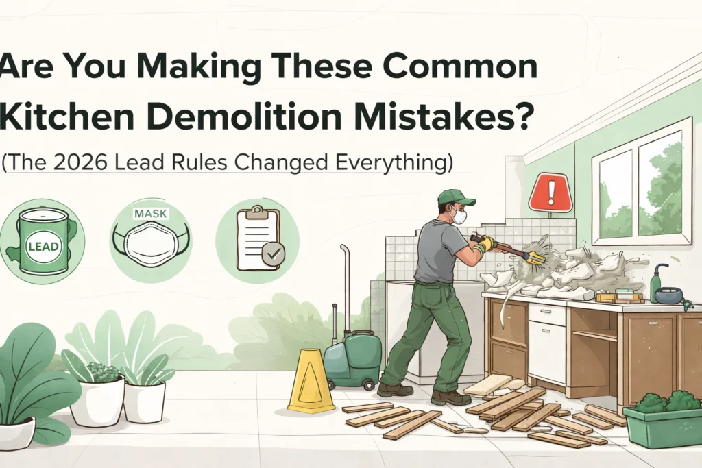 A worker in protective gear demolishes a kitchen, surrounded by debris and warning signs about lead safety and new 2026 regulations.