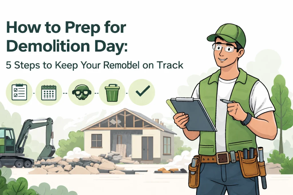 An illustrated guide titled "How to Prep for Demolition Day" shows a contractor with a clipboard, a partially demolished house, an excavator, and icons for planning and safety steps.