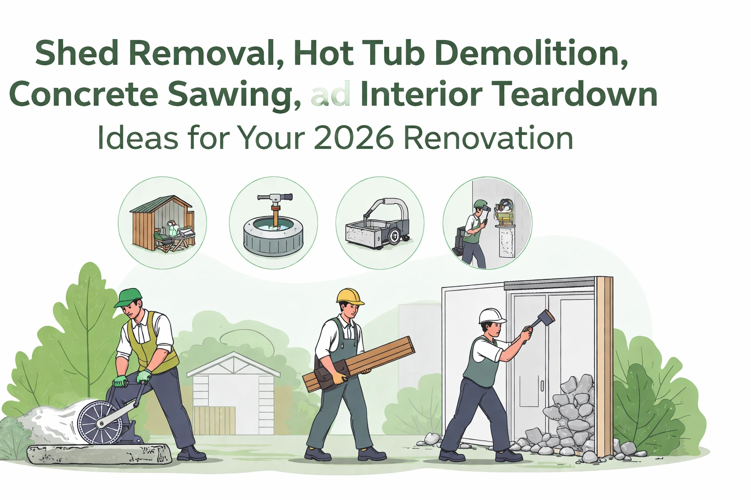 Illustration of workers performing shed removal, hot tub demolition, concrete sawing, and interior teardown, with text about 2026 renovation ideas.