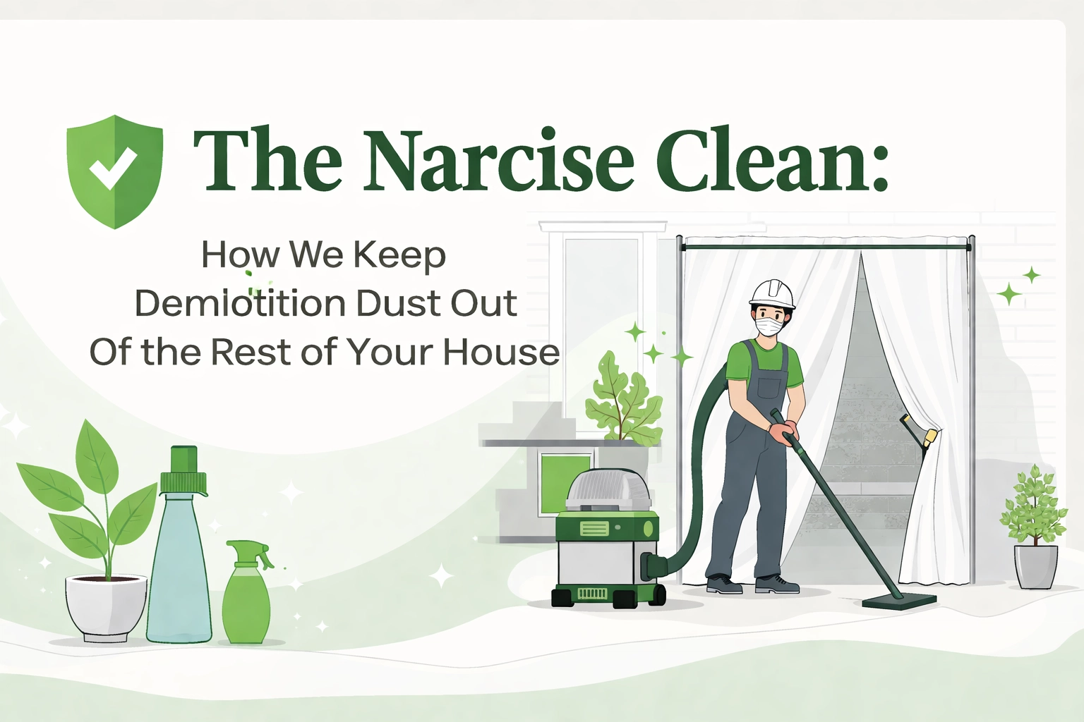 Illustration of a worker in safety gear using a vacuum near a covered doorway, with the text: “The Narcise Clean: How We Keep Demolition Dust Out Of the Rest of Your House.”.