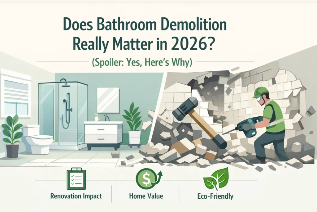 Split-screen image: left side shows a modern bathroom, right side shows a worker demolishing a bathroom wall with a sledgehammer. Icons below indicate renovation impact, home value, and eco-friendly factors.