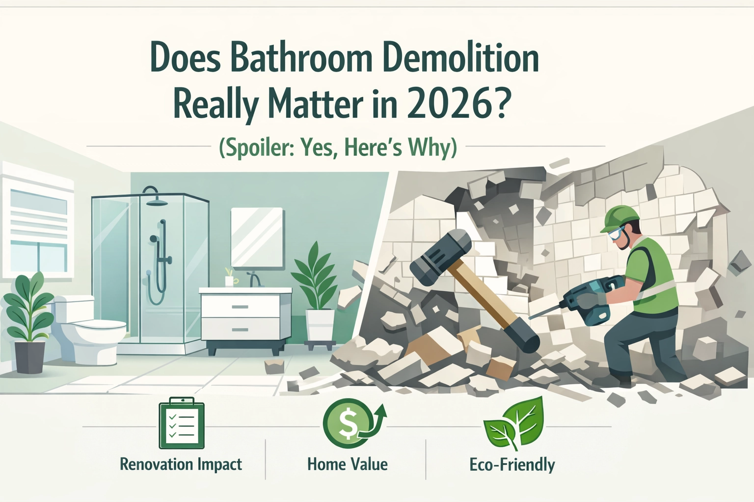 Split-screen image: left side shows a modern bathroom, right side shows a worker demolishing a bathroom wall with a sledgehammer. Icons below indicate renovation impact, home value, and eco-friendly factors.