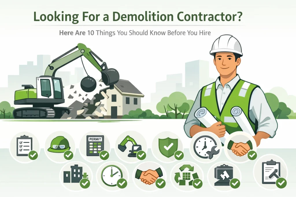 Illustration of a demolition contractor holding blueprints, with an excavator demolishing a house in the background and icons showing 10 considerations for hiring a demolition contractor.