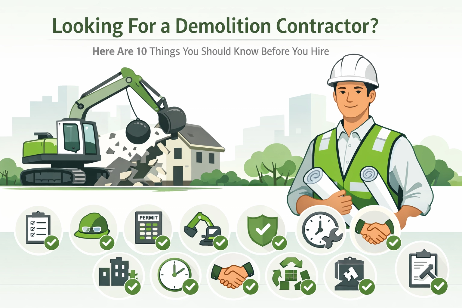 Illustration of a demolition contractor holding blueprints, with an excavator demolishing a house in the background and icons showing 10 considerations for hiring a demolition contractor.