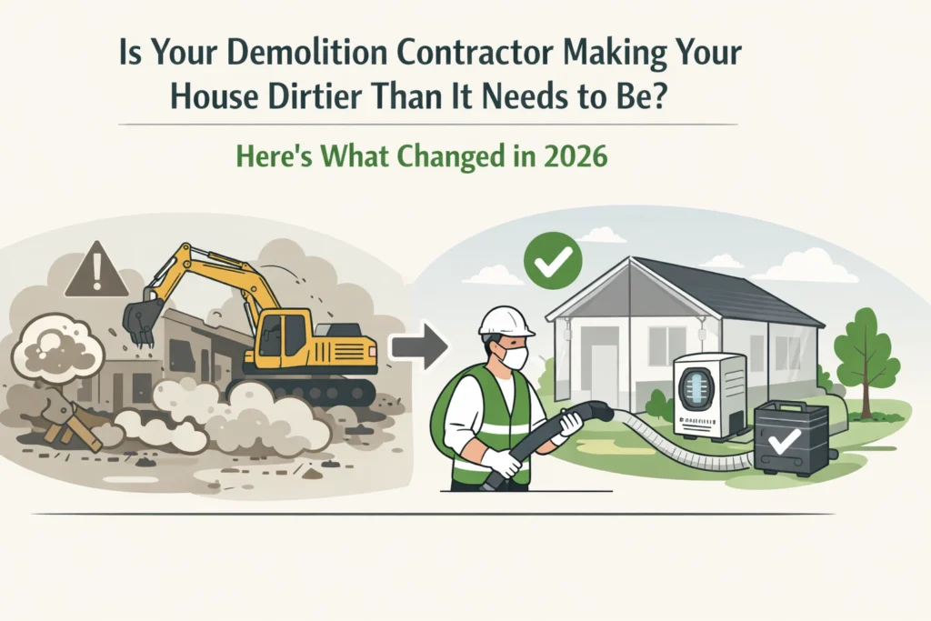 Illustration comparing a dusty demolition site to a clean, dust-controlled site with a contractor using specialized equipment near a house and an air filter system.