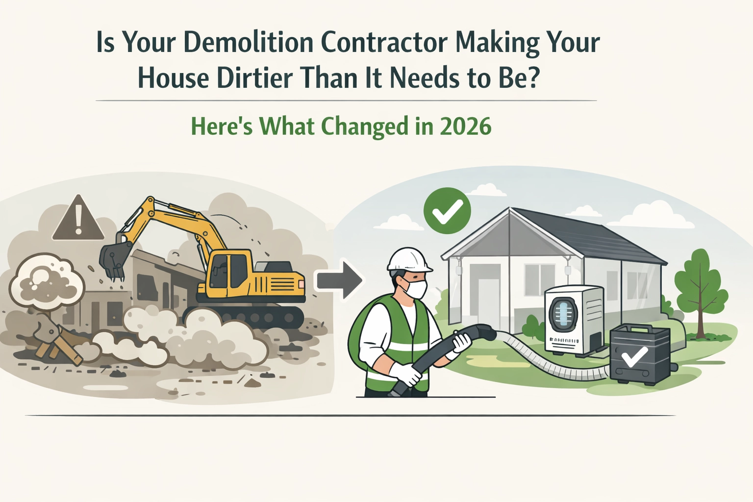 Illustration comparing a dusty demolition site to a clean, dust-controlled site with a contractor using specialized equipment near a house and an air filter system.
