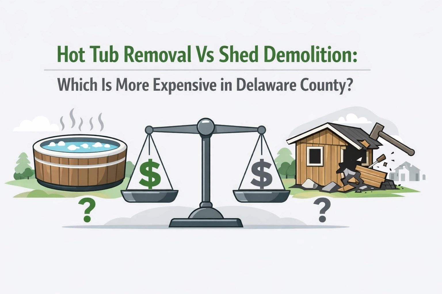 Illustration comparing hot tub removal and shed demolition costs in Delaware County, with icons of a hot tub, a shed, and a balance scale showing dollar signs and question marks.