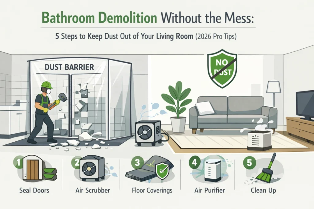 Illustration showing bathroom demolition with dust barrier, air scrubber, floor coverings, air purifier, and cleaning steps to keep living room dust-free.