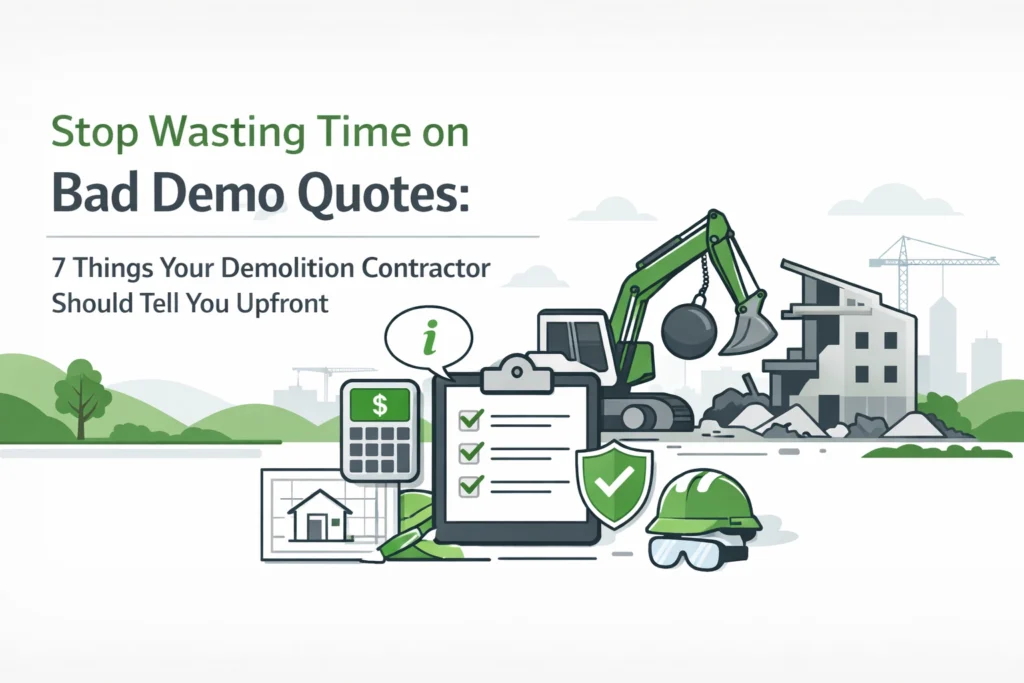 Illustration of construction equipment demolishing a building with checklists, calculator, hard hat, and text about essential info from demolition contractors.