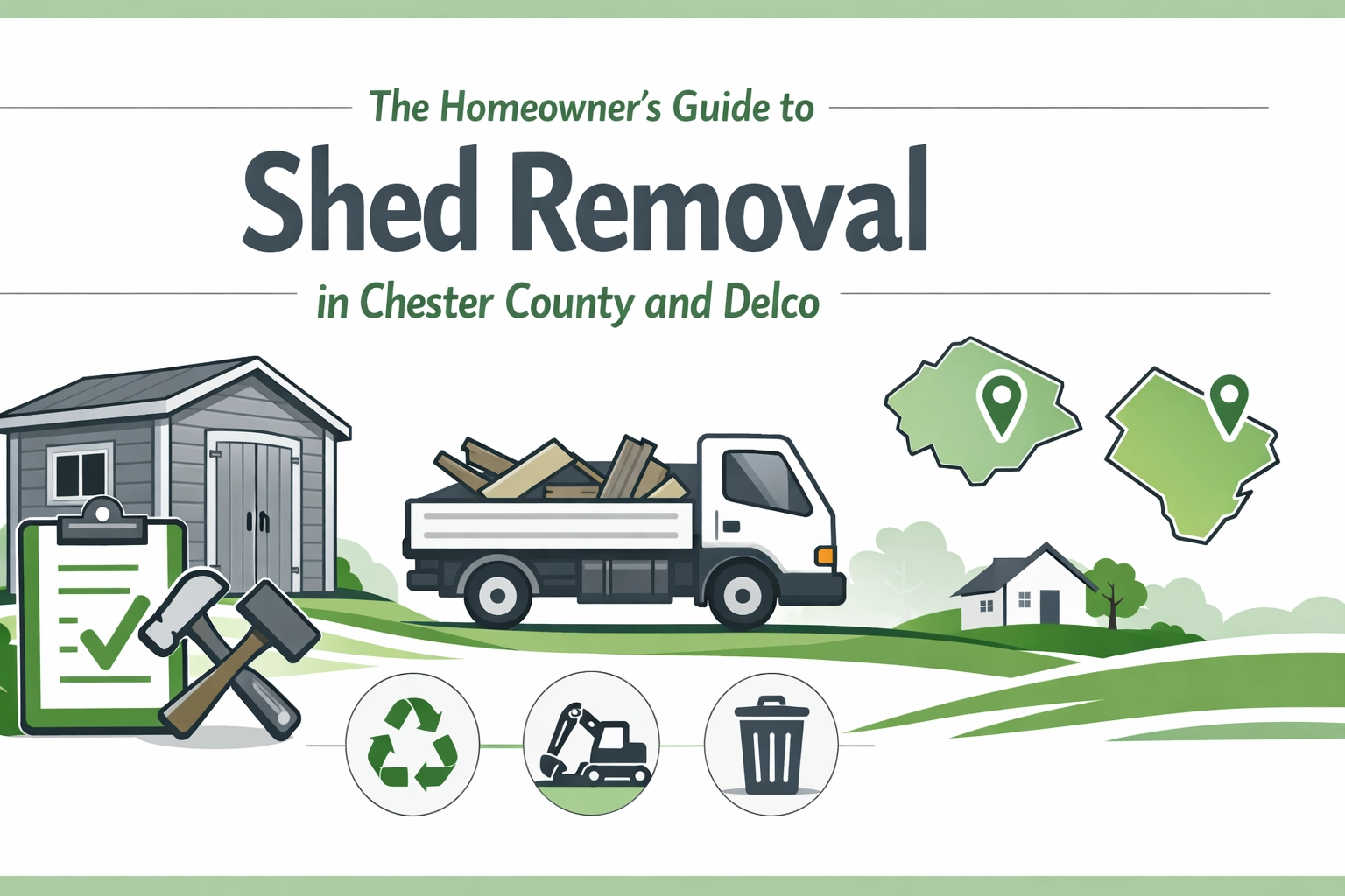 Illustration of a shed, a truck carrying debris, maps of Chester County and Delco, and icons for checklist, recycle, demolition, and trash, titled "Shed Removal Guide.