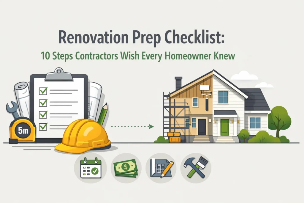 Illustration of a home renovation checklist, safety helmet, clipboard, and a partially renovated house with scaffolding, representing contractor tips for homeowners.