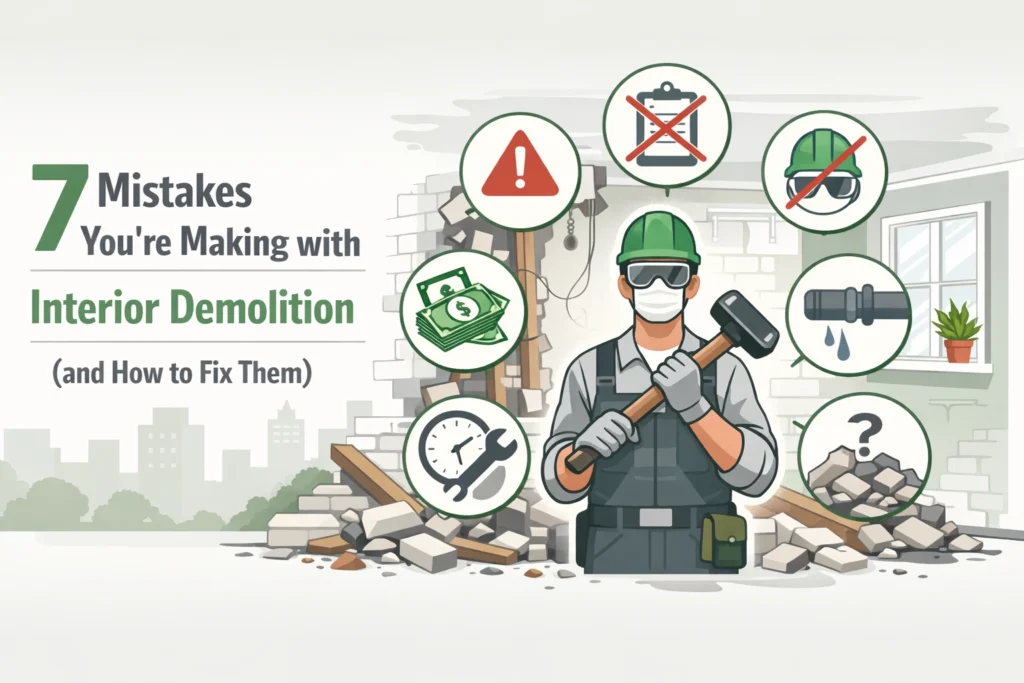 A construction worker stands with a sledgehammer amid debris in a partially demolished room, surrounded by icons illustrating common interior demolition mistakes.