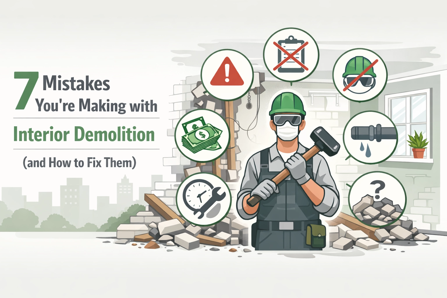 A construction worker stands with a sledgehammer amid debris in a partially demolished room, surrounded by icons illustrating common interior demolition mistakes.