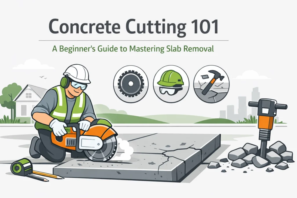 Illustration of a worker using a concrete saw to cut a slab, with safety gear and tools shown, under the title “Concrete Cutting 101: A Beginner’s Guide to Mastering Slab Removal.”.