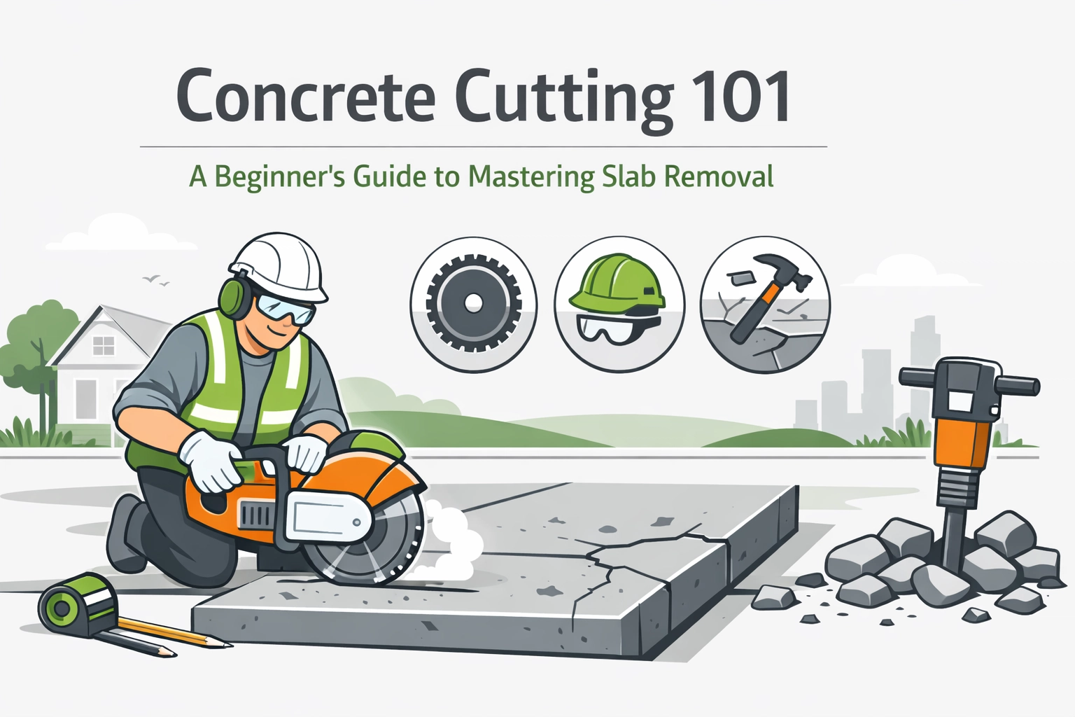 Illustration of a worker using a concrete saw to cut a slab, with safety gear and tools shown, under the title “Concrete Cutting 101: A Beginner’s Guide to Mastering Slab Removal.”.