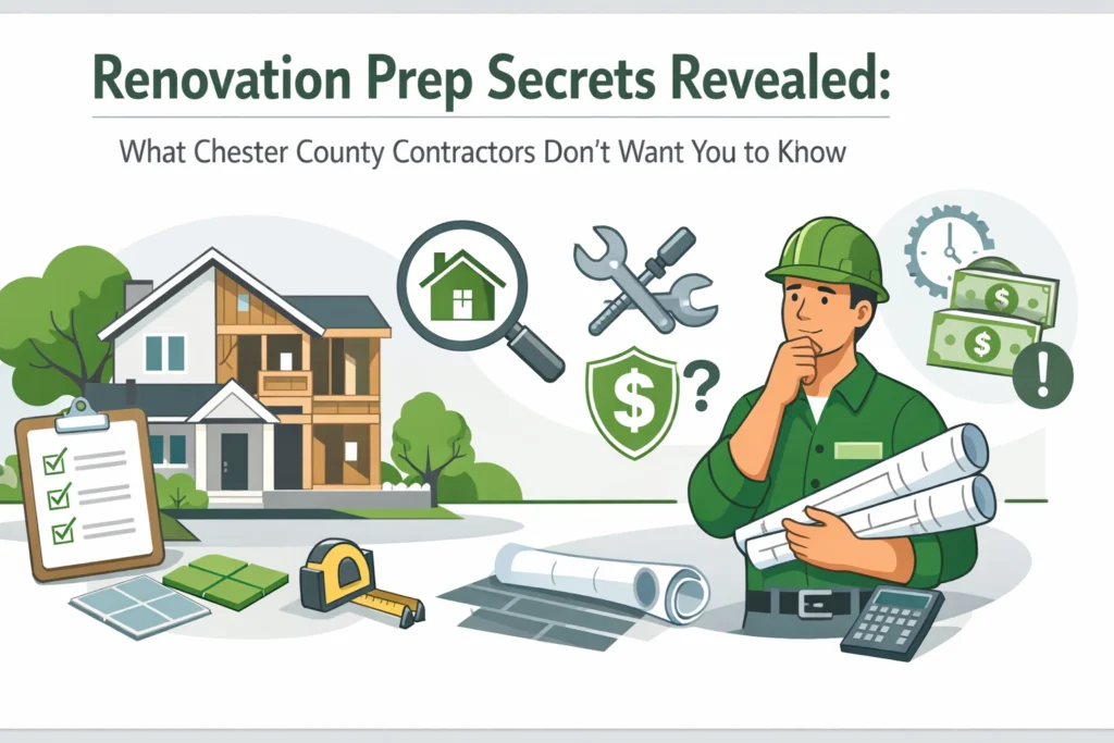 Illustration of a contractor holding blueprints, surrounded by renovation tools and icons, in front of a house with the text "Renovation Prep Secrets Revealed" and "Chester County Contractors.