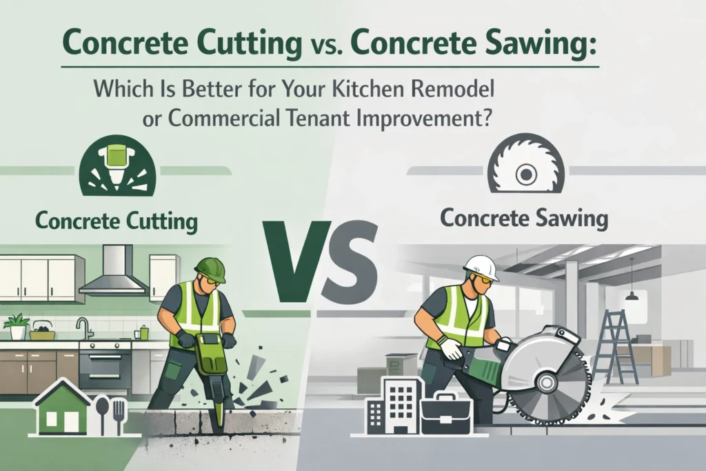 Illustration comparing concrete cutting on the left with a worker using a saw in a kitchen, and concrete sawing on the right with a worker using a large saw in a commercial setting.