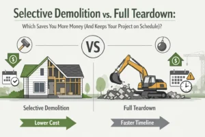 Infographic comparing selective demolition, shown with a partially deconstructed house, to full teardown, shown with an excavator, highlighting lower cost vs. faster timeline.