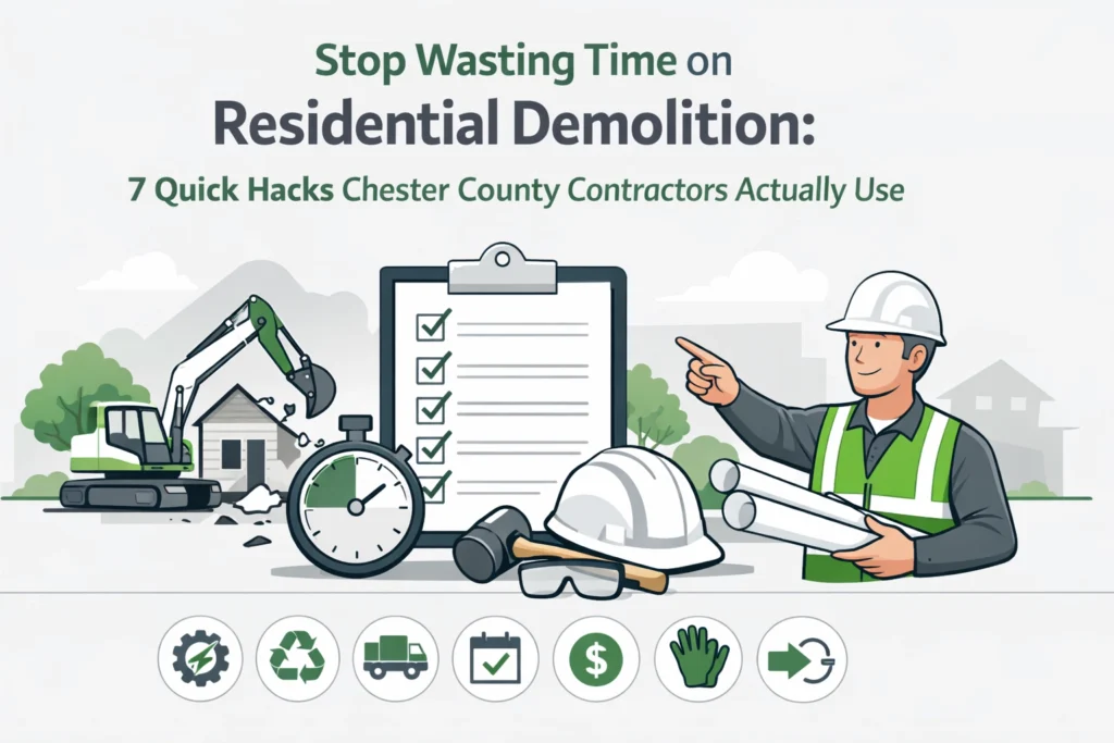 Illustration of a contractor with blueprints, safety gear, clipboard checklist, stopwatch, and excavator demolishing a house, promoting residential demolition tips for Chester County contractors.