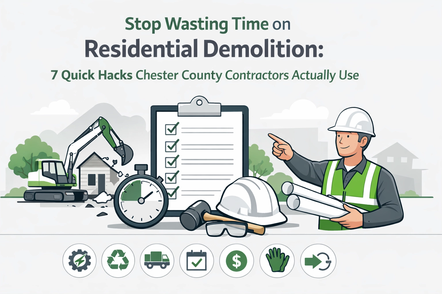 Illustration of a contractor with blueprints, safety gear, clipboard checklist, stopwatch, and excavator demolishing a house, promoting residential demolition tips for Chester County contractors.