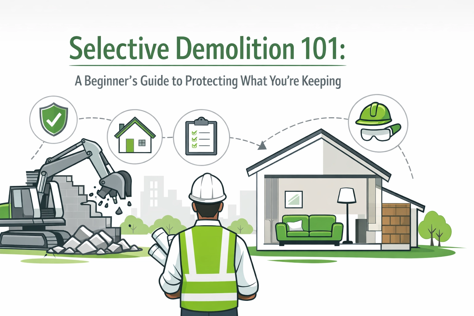 Illustration of a construction worker overseeing selective demolition, showing protected home items and safety gear, with icons for checked house, checklist, and demolition equipment.