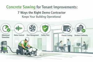 Illustration of a worker using a concrete saw indoors, with icons highlighting benefits like minimized downtime, noise control, dust management, safety, precise cutting, and business continuity.