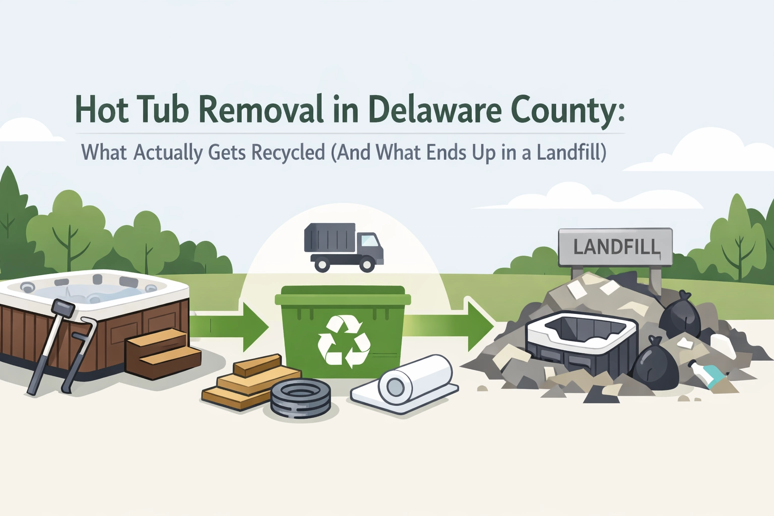 Illustration showing hot tub parts sorted into recyclables and landfill waste, with a recycling bin and a landfill sign indicating different disposal methods.