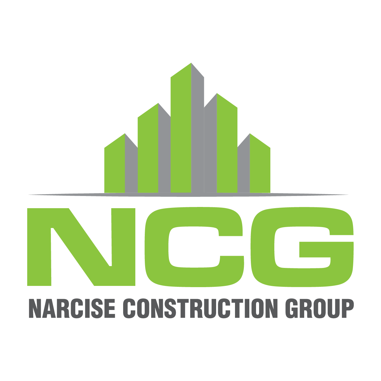 Logo for Narcise Construction Group featuring green and gray stylized buildings above the large green letters "NCG" and the company name in gray below.