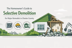 Illustration of a partially demolished house with construction equipment, helmet icon, house icon, and text about selective demolition for remodels in Chester County.