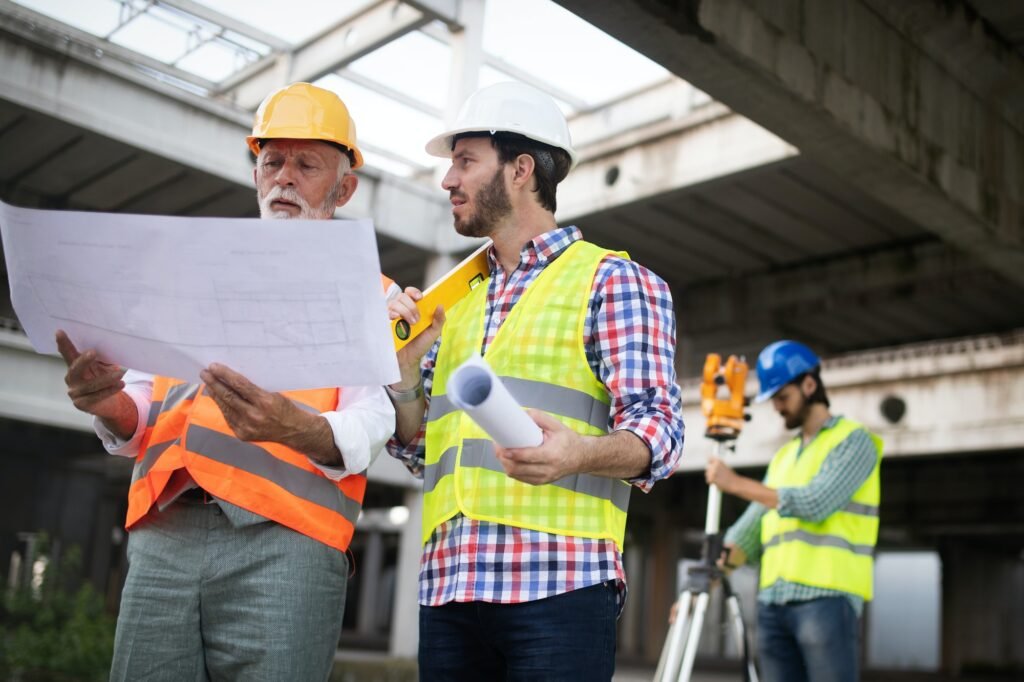 Two construction workers in safety gear review blueprints at a building site, while another worker operates surveying equipment in the background.