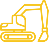Yellow outline icon of an excavator with an arm, bucket, and tracks, shown in a simple, stylized design on a light background.