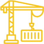 Yellow line drawing of a construction crane lifting a rectangular container, shown on a plain background.
