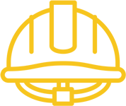 Yellow outline icon of a construction hard hat viewed from the front on a light gray background.