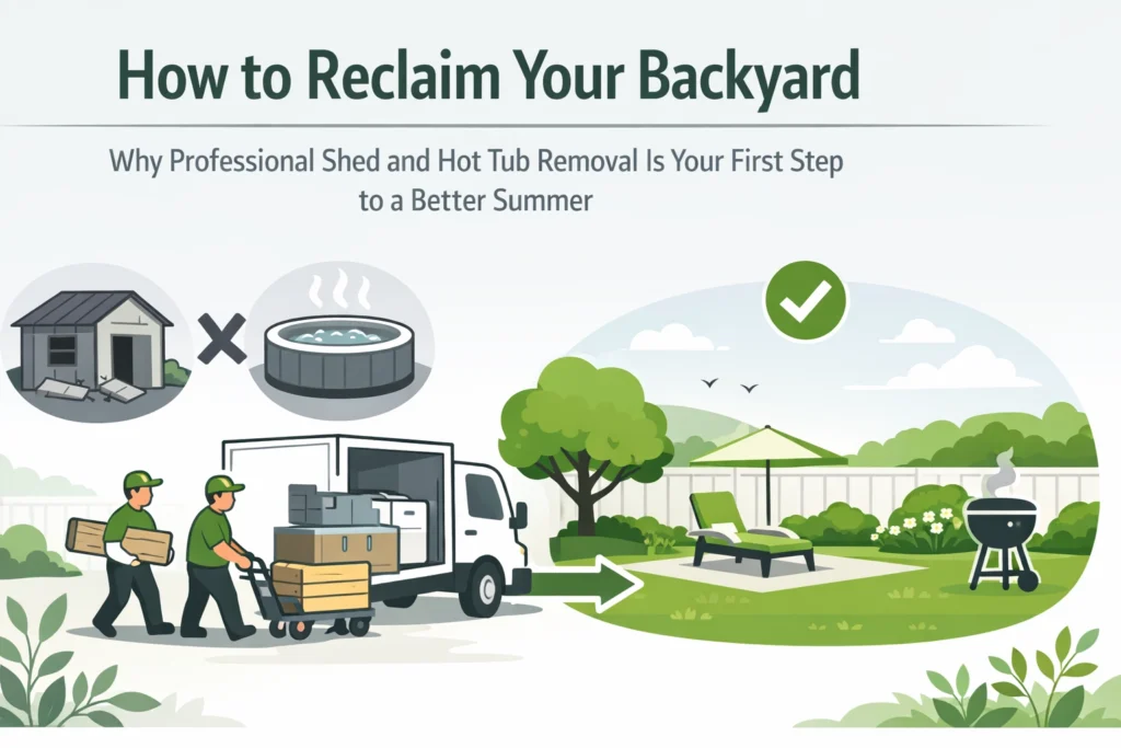Two workers load shed and hot tub debris into a truck, clearing a yard to reveal a clean, open backyard with trees, lounge chair, and grill.