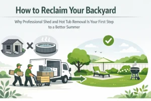 Two workers load shed and hot tub debris into a truck, clearing a yard to reveal a clean, open backyard with trees, lounge chair, and grill.
