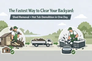Illustration showing a worker demolishing a shed, hauling debris to a truck, and another worker demolishing a hot tub, promoting same-day shed and hot tub removal services.